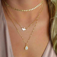 Layered Necklace with Dove and Water Drop Pendants